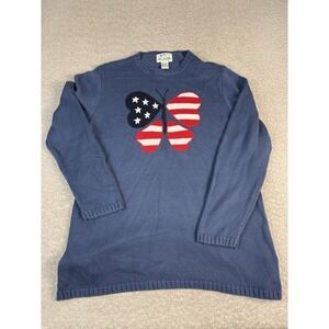 Vintage Quacker‎ Factory Sweater Womens Medium Blue Patriotic Flag Butterfly 90s